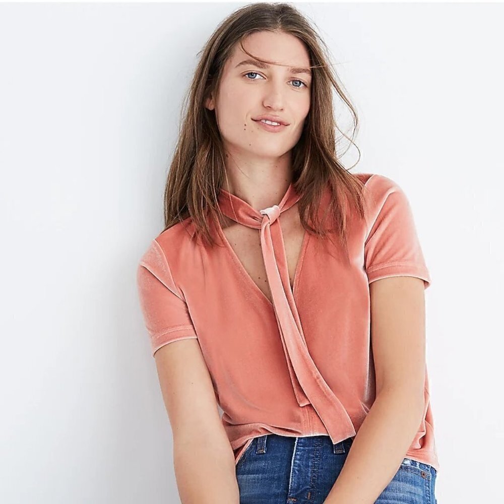 MADEWELL Velvet Tie-Neck Top orange size M women short sleeve